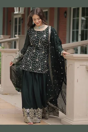 Ethnic Yard Floral Embroidered Square Neck Sequinned Straight Kurta With Palazzo & Dupatta