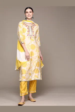 Ishin Women Yellow Floral Yoke Design Gotta Patti Kurta with Trousers & With Dupatta