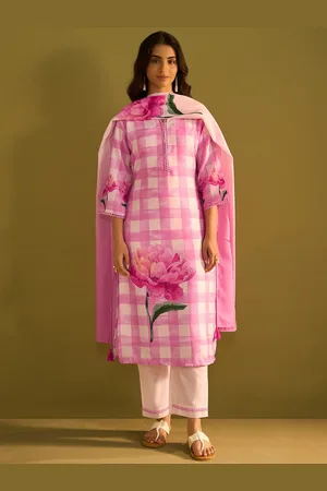 Indo Era Women Floral Printed Regular Beads and Stones Linen Kurta with Trousers & With Dupatta