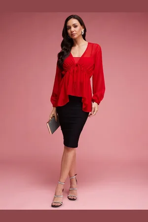 DEPANO Women Georgette V-Neck Long Sleeves High-Low Top