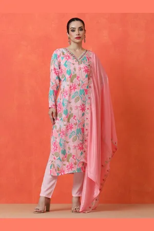 Jaipur Floral Printed Thread Work V-Neck Straight Kurta with Trousers And Dupatta