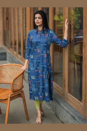 Hay Geometric Printed Mandarin Collar Work Straight Kurta