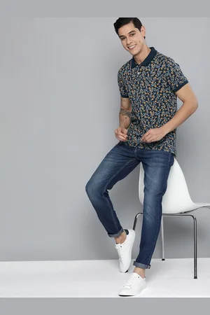 Mast & Harbour Men Navy Blue & Mustard Yellow Floral Printed Polo Collar Pure Cotton T-shirt