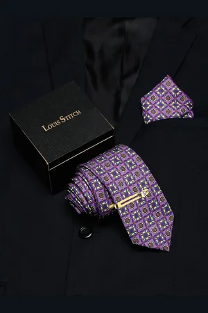 LOUIS STITCH Men Geometric Printed Italian Silk Necktie Accessory Gift Set