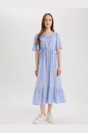 DeFacto Floral Print Flared Sleeve A-Line Midi Dress