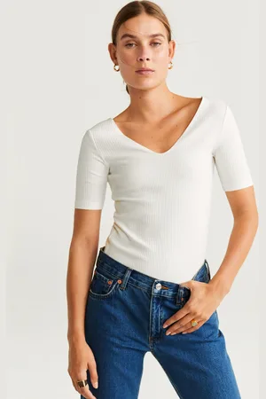 MANGO Women White Ribbed Fitted Top