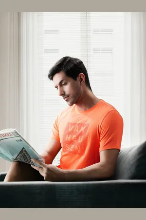 Van Heusen Men Orange Brand Logo Printed Slim Fit Sports T-shirt