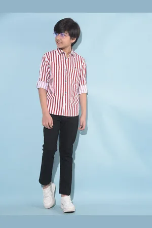 Crimsoune Club Boys Classic Slim Fit Cotton Striped Casual Shirt