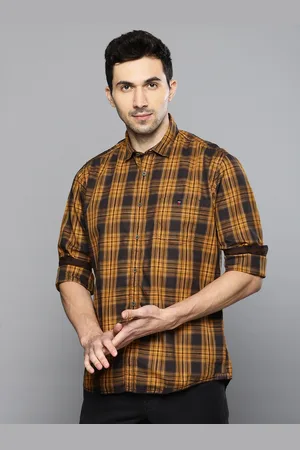 Louis Philippe Men Mustard Yellow & Brown Slim Fit Checked Casual Shirt