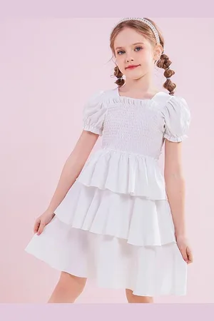 LULU & SKY Girls Puff Sleeve Smoked Fit & Flare Tiered Dress