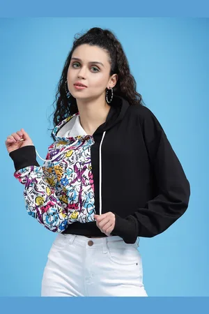 KASSUALLY Women Black Printed Hooded Sweatshirt