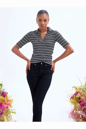 COVER STORY Black Striped Polo Collar T-shirt