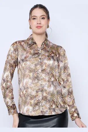 Color Cocktail Women Spread Collar Animal Solid Satin Casual Shirt