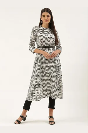 FABRIC FITOOR Geometric Printed Mandarin Collar Cotton Kurta With Belt