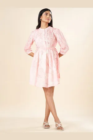 Pantaloons Floral Printed Pleated Detailed Pure Cotton A-Line Dress With Belt