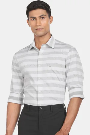 Arrow Men Off White & Grey Horizontal Striped Cotton Formal Shirt