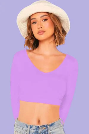 Dream Beauty Fashion Women Solid V-Neck Long Sleeves Crop Fitted Top