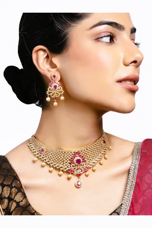 ESTELE Gold Plated CZ Fascinating Bridal Choker Necklace Set With Pearls for Women