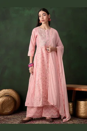 Sangria Peach Floral Printed Round Neck Thread Work Silk Chiffon Kurta & Palazzo & Dupatta