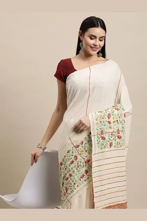 ArtEastri Off White & Green Embroidered Khesh Kantha Work Cotton Saree With Blouse Piece