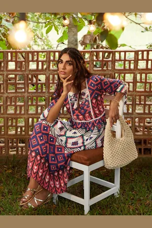 Sangria Women Blue & Coral Geometric Print A-Line Midi Dress