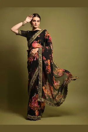 DIVASTRI Floral Sequinned Poly Georgette Saree