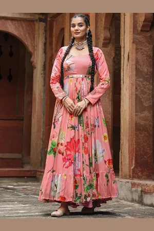 SCAKHI Floral Printed Gathered Detailed Chinon Silk Maxi Ethnic Dress With Belt
