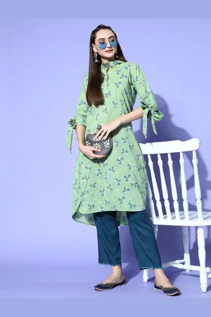 Jaipur Women Green Cotton Fluid Tie-Up Kurta