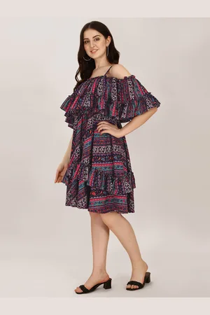 OOMPH Ethnic Motifs Print Off-Shoulder Crepe Fit & Flare Dress