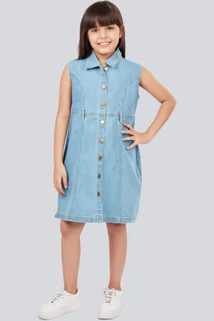 OLELÉ Girls Cotton Denim Sleeveless Shirt Collar Dress