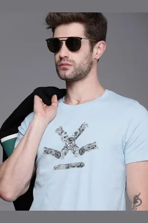 WROGN Men Blue Black Brand Logo Printed Slim Fit Pure Cotton T-shirt