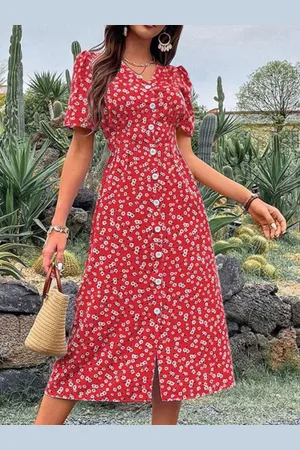 DressBerry Floral Print Puff Sleeve A-Line Dress