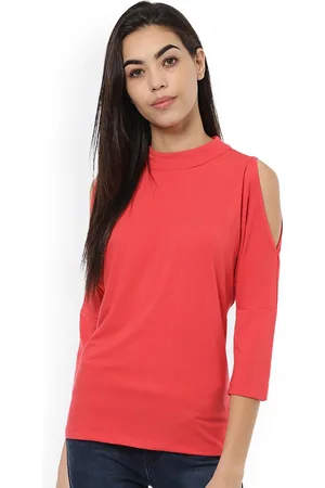 Harpa Women Coral Red Solid Cold Shoulder Top