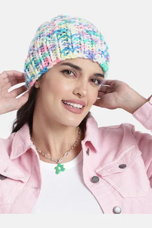 Magic Needles Unisex White & Green Handknitted Self Design Beanie