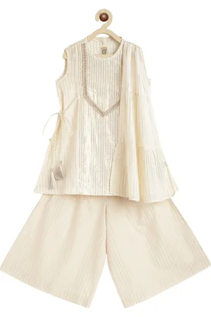 Tiber Taber Girls Striped Regular Gotta Patti Kurti with Palazzo & Dupatta