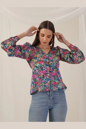 JAINISH Women Floral Printed V-Neck Satin Top