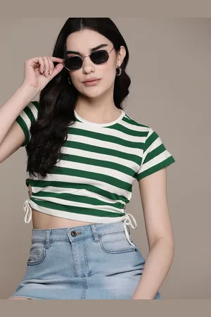 Roadster The Lifestyle Co. Striped Pure Cotton Cut Outs Detailed Slim Fit Crop T-shirt