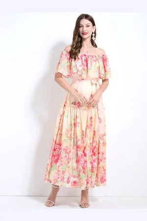JC Collection Floral Print Off-Shoulder Cape Sleeve Maxi Dress