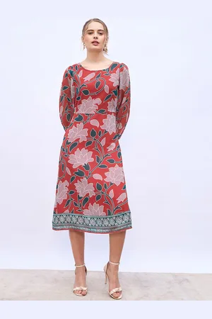 Styli Floral Print Puff Sleeve A-Line Midi Dress