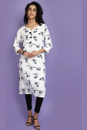 V-Mart White & Blue Abstract Printed Rayon Curved Kurta
