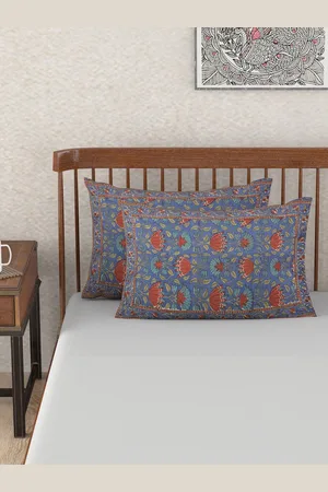 Fabindia Blue & Red 2 Pieces Floral Printed Cotton Pillow Covers
