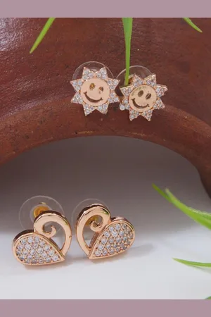 I Jewels Set Of 2 Rose Gold-Plated Cubic Zirconia Heart Shaped Stud Earrings