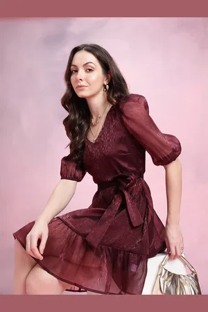 DressBerry Geometric Self-Design Puff Sleeves Party Fit & Flare Dress with Belt