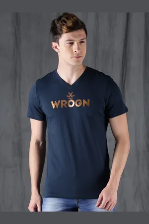 WROGN Men Navy Blue Printed V-Neck Pure Cotton T-shirt