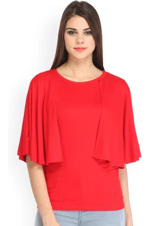 Cation Women Red Solid Cape Pure Cotton Top