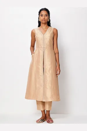 Ancestry V-Neck Sleeveless Thread Work Satin A-Line Kurta