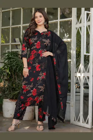 Ethnic Yard Floral Printed Sweetheart Neck Straight Kurta With Trouser & Dupatta