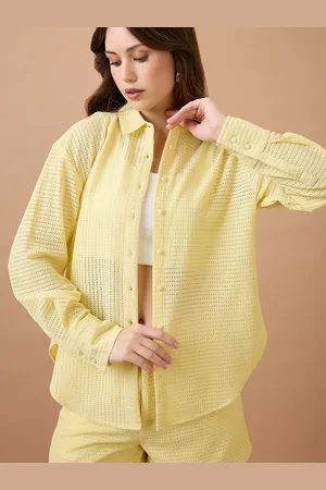 Globus Yellow Collared Neck Cuffed Sleeves Crochet Shirt Style Top With Shorts