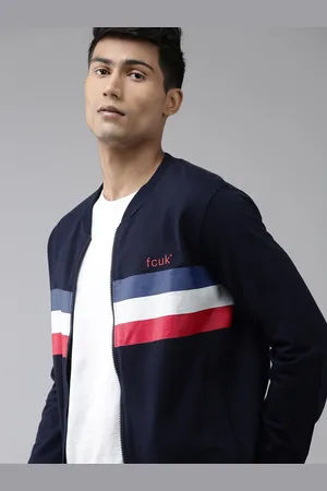 French Connection Men Navy Blue Colourblocked Front-Open Cotton Sweatshirt