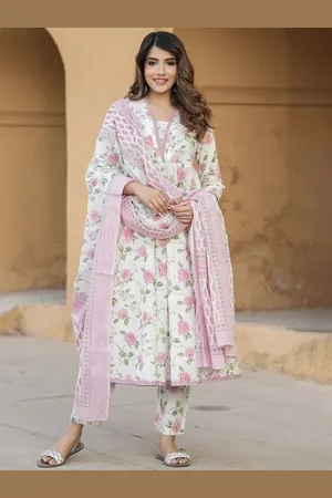 Ethnic Yard Floral Printed V-neck Pure Cotton Anarkali Kurta With Trouser And Dupatta